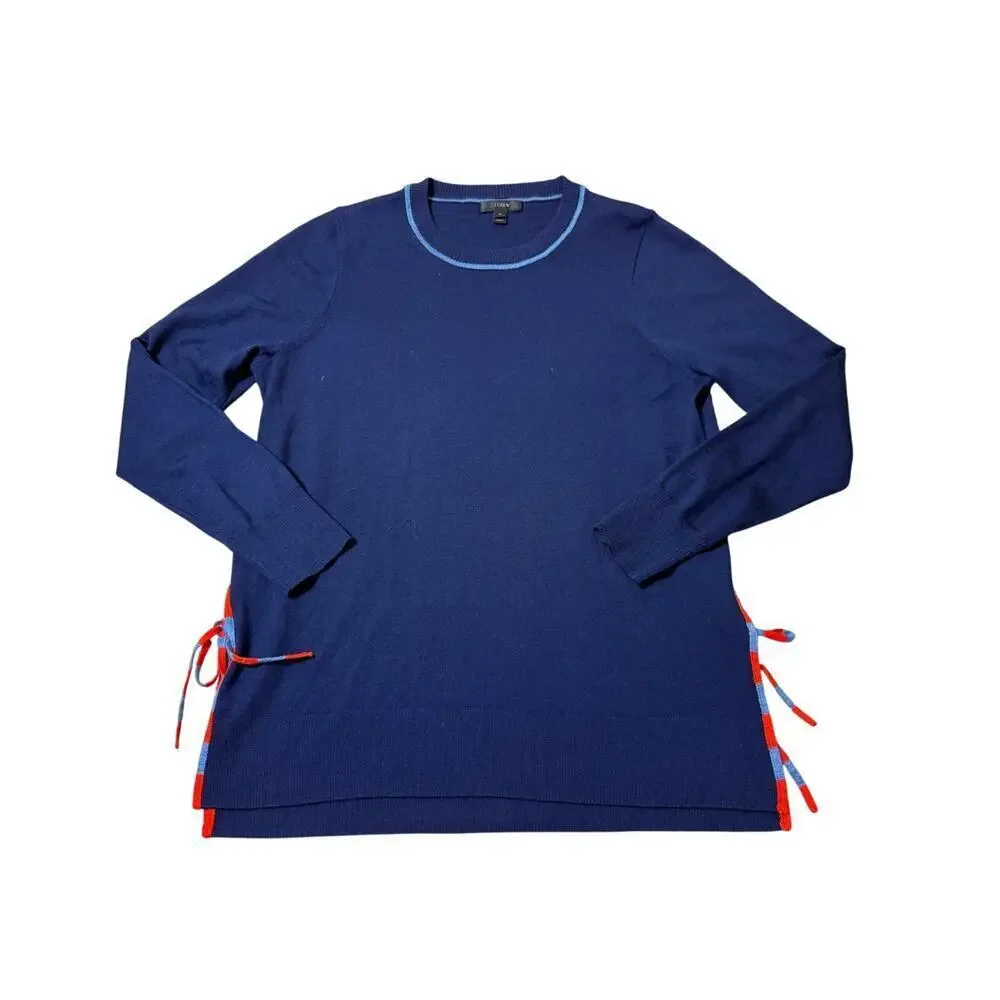 J. CREW Navy Blue, Side tie sweater, Size Medium, 100% Merino Wool